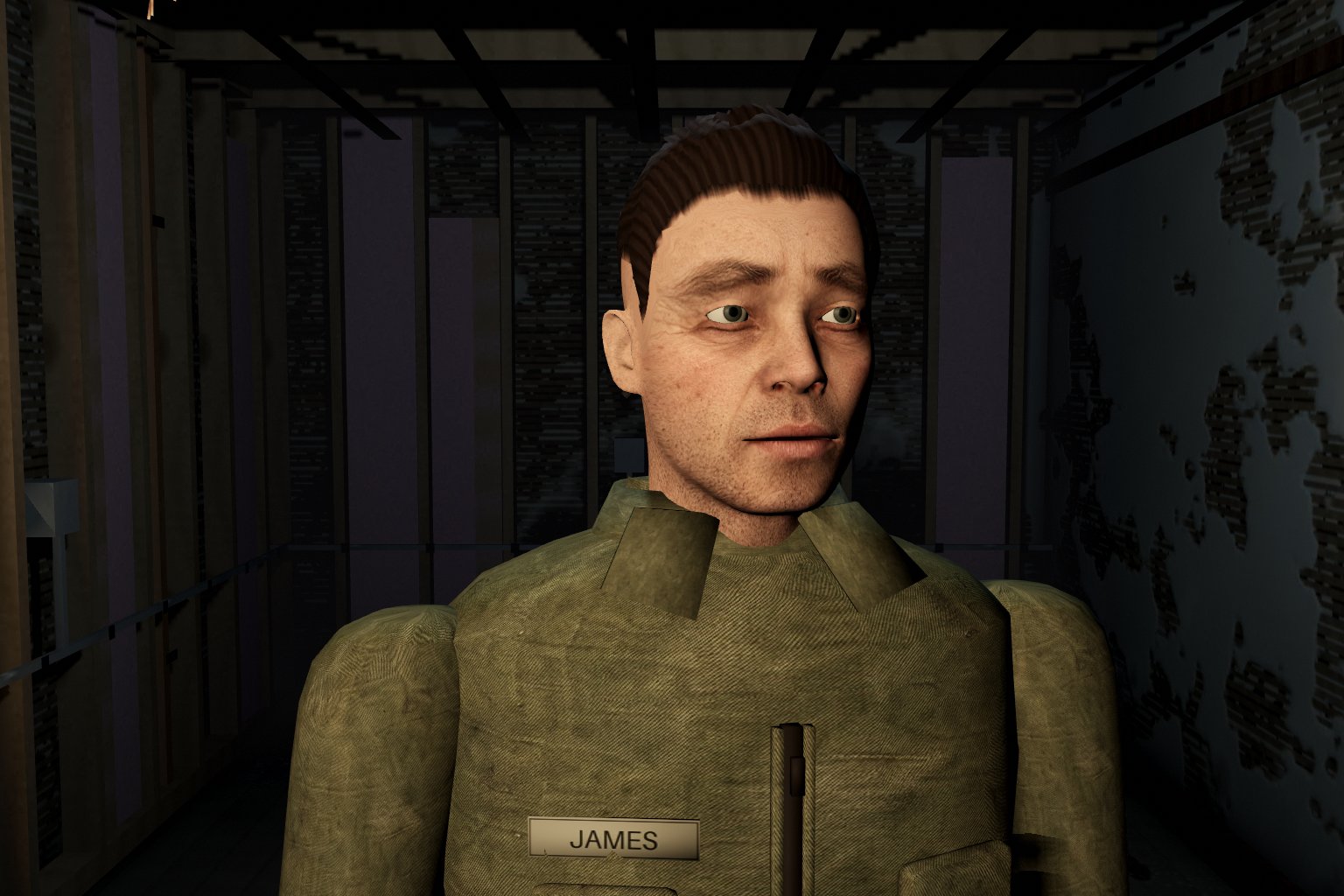 James standing in the unfinished back room of the foreclosed house, the walls stripped to their joists